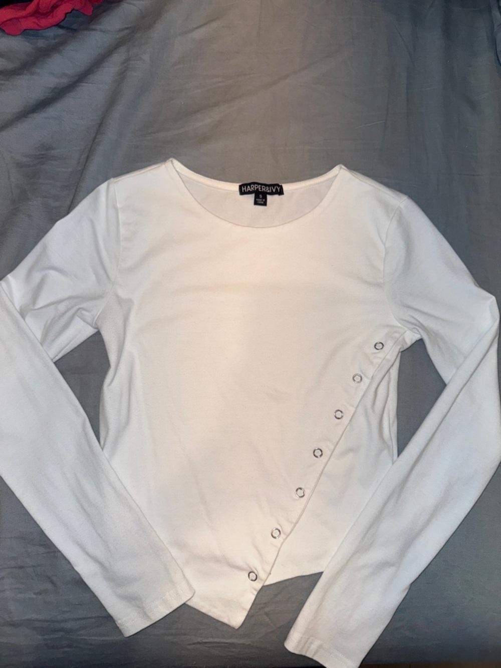 White Long-Sleeve Snap-Accent Top